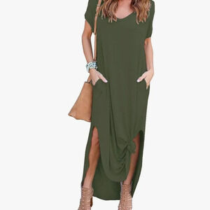 Women's Army Green Casual Loose Maxi Dress V-Neck Short Sleeve Pockets Size S